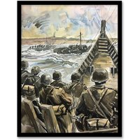 Artery8 War Military Normandy Landing D Day Watercolour Framed Wall Art in Brown | Size: W12" x H16"