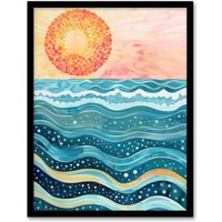 Artery8 Sun Rising Over Sea Waves Blue Orange Folk Art Framed Wall Art | Size: W12" x H16"