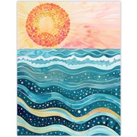 Artery8 Sun Rising Over Sea Waves Blue Orange Folk Art Wall Art Print | Size: W18" x H24"