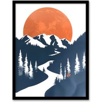 Artery8 Orange Full Moon Over Blue Mountain Hiking Trail Framed Wall Art | Size: A4
