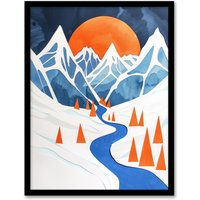 Artery8 Abstract River Mountain Winter Snow Landscape Framed Wall Art in Blue | Size: A4