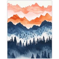 Artery8 Misty Patagonia Forest Orange Blue Watercolour Wall Art Print | Size: W12" x H16"