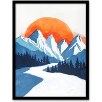 Artery8 Winter Sunrise Patagonia Andes Mountain Painting Framed Wall Art in Blue | Size: A4