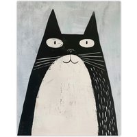 Artery8 Cute Black White Tuxedo Cat Lover Pet Painting Wall Art Print | Size: W24" x H32"