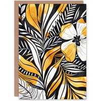 Artery8 Greeting Card Plant Lover Fern Flower Bloom Black Gold White Birthday in Yellow