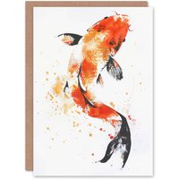 Artery8 Greeting Card Japanese Koi Carp Fish Orange Black Watercolour Birthday