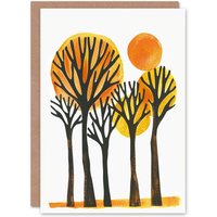 Artery8 Greeting Card Sun Over Autumn Trees Bright Abstract Watercolour in Orange