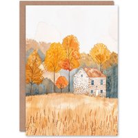 Artery8 Greeting Card Autumn Forest Trees by Wheat Farm Stone House Birthday in Yellow