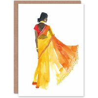Artery8 Greeting Card Woman in Orange Yellow Saree Hindu Muslim Skirt Birthday