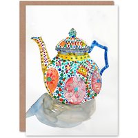 Artery8 Greeting Card Teapot Colourful Patterns Watercolour Folk Art Birthday