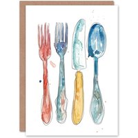 Artery8 Greeting Card Cutlery Fork Knife Spoon Bright Happy Watercolour in Grey