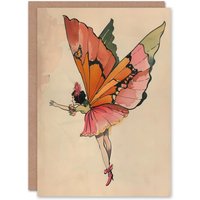 Artery8 Greeting Card Tinkerbell Butterfly Fairy Vintage Watercolour Birthday in Beige