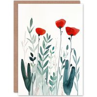 Artery8 Greeting Card Wild Poppy Flowers Bright Red Teal Watercolour Birthday in Green