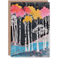 Artery8 Greeting Card Colourful Birch Tree Forest River Bank Landscape