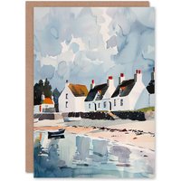 Artery8 Greeting Card Isle Jura Fisherman Seaside Cottages Watercolour in Blue