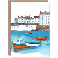 Artery8 Greeting Card St Ives Bay Boats Coastal Cityscape Watercolour Birthday in Blue