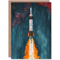 Artery8 Greeting Card Space Apollo 11 Saturn V Rocket Launch Painting Birthday in Blue