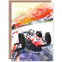 Artery8 Greeting Card Motor Speedway Race Retro Sport Car Watercolour Birthday in Red