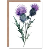 Artery8 Greeting Card Two Scottish Thistle Flower Blooms Watercolour Birthday in Purple