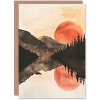 Artery8 Greeting Card Red Sun Setting Behind Lakeside Forest Mountains in Orange