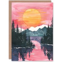 Artery8 Greeting Card Lake Tahoe Forest Winter Sun Sunset Watercolour Birthday in Pink