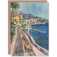 Artery8 Greeting Card Monaco Motor Sport Race Track Cityscape Painting in Blue