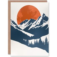 Artery8 Greeting Card Full Moon Rising Winter Forest Mountain Landscape in Orange
