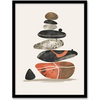 Artery8 Stacked Stones Zen Cairn Boho Vertical Framed Art Print in Orange | Size: A4