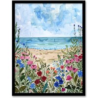 Artery8 Sardinia Shore Beach Flowers Coastal Watercolour Framed Art Print in Blue | Size: W12" x H16"