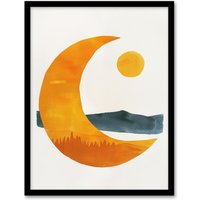 Artery8 Abstract Crescent Moon Sun Sea Orange Blue Boho Framed Art Print in Yellow | Size: A4