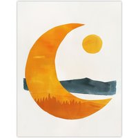 Artery8 Abstract Crescent Moon Sun Sea Orange Blue Boho Wall Art Print in Yellow | Size: W12" x H16"