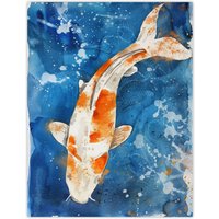 Artery8 Japanese Koi Carp Fish in Pond Watercolour Splat Wall Art Print in Orange | Size: W12" x H16"