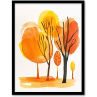 Artery8 Abstract Park Autumn Trees Watercolour Painting Framed Art Print in Orange | Size: W12" x H16"