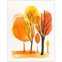 Artery8 Abstract Park Autumn Trees Watercolour Painting Wall Art Print in Orange | Size: W24" x H32"