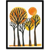 Artery8 Sun Over Autumn Trees Bright Abstract Watercolour Framed Art Print in Orange | Size: W12" x H16"