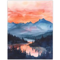 Artery8 Maroon Bells Tranquil Sunset Mountain Landscape Wall Art Print in Blue | Size: W24" x H32"
