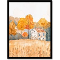 Artery8 Autumn Forest Trees by Wheat Farm Stone House Framed Art Print in Yellow | Size: A4