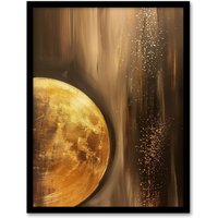 Artery8 Golden Full Moon Milky Way Abstract Oil Painting Framed Art Print in Brown | Size: A4