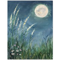 Artery8 Wildflowers Under a Full Moon Floral Oil Painting Wall Art Print in Blue | Size: W24" x H32"