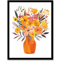 Artery8 Bright Autumnal Orange Pink Flower Bouquet Vase Framed Art Print in Yellow | Size: A4