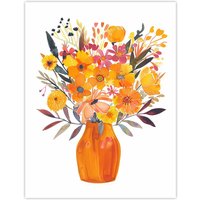 Artery8 Bright Autumnal Orange Pink Flower Bouquet Vase Wall Art Print in Yellow | Size: W24" x H32"