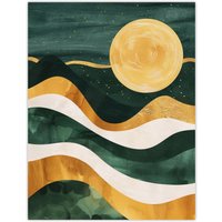 Artery8 Full Moon Over Mountains Green Gold Boho Abstract Wall Art Print in Dark Green | Size: W12" x H16"