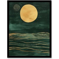 Artery8 Boho Abstract Full Moon Dark Green Gold Seascape Framed Art Print | Size: W12" x H16"