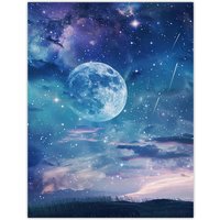 Artery8 Dreamy Full Moon Star Night Sky Surreal Starscape Wall Art Print in Blue | Size: W24" x H32"