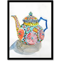 Artery8 Teapot Colourful Patterns Watercolour Folk Art Framed Art Print | Size: A4