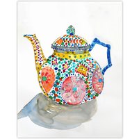 Artery8 Teapot Colourful Patterns Watercolour Folk Art Wall Art Print | Size: W18" x H24"
