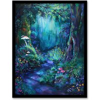 Artery8 Enchanted Forest Bioluminescent Fantasy Magical Framed Art Print in Blue | Size: W12" x H16"