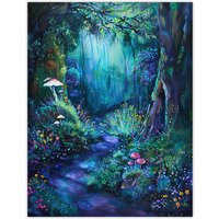 Artery8 Enchanted Forest Bioluminescent Fantasy Magical Wall Art Print in Blue | Size: W18" x H24"