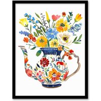 Artery8 Colourful Flower Bouquet in Floral Teapot Vase Framed Art Print | Size: W12" x H16"