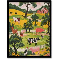 Artery8 Cute Farm Animals Cow Pig Chickens Painting Framed Art Print in Green | Size: A4